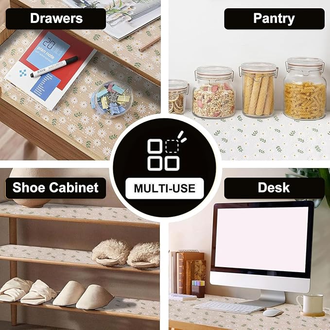 INNOLITES Shelf Liner for Cabinets, Non-Adhesive for Kitchen Drawer Liner, Waterproof Shelf Paper with Floral Pattern, Durable Easy to Clean (Green Daisy, 17.5" x 360")