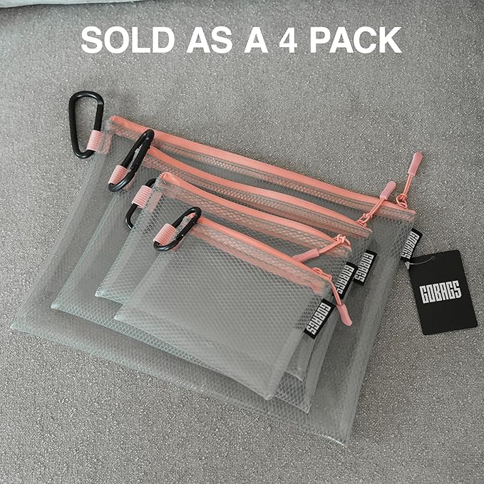 GOBAGS Air Production Multi-Size Clear Zipper Pouch (4-Pack) – Cable Organizer & Travel Gear Bag for Electronics, Camera Accessories, Tool Pouch & Small Tech Storage (Pink)