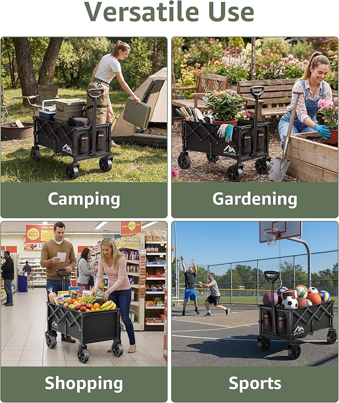 Collapsible Wagon Cart with Wheels - 250LBS Heavy Duty Folding Wagon for Groceries Shopping Outdoor Apartment Portable Foldable Utility Grocery Trolley, Black, L