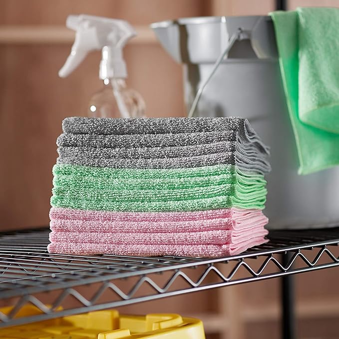 Amazon Basics Microfiber Cleaning Cloths, Non-Abrasive, Reusable and Washable, Pack of 48, Green/Gray/Pink, 16" x 12"
