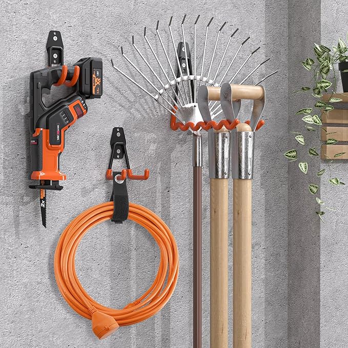 Nacial 16 Pack Garage Hooks Heavy Duty, Utility Steel Garage Storage Hook with 2 Extension Cord Storage Straps, Utility Garage Wall Mount Hooks for Hanging Bike, Ladder and Garden Tools, Orange