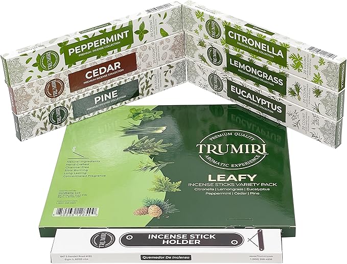Leafy Incense Sticks Variety Pack - 120 Insence-Sticks (6 Incents x 20 Insense) - Citronella Lemongrass Eucalyptus Peppermint Pine Cedar - Natural Inscents-Sticks Non Toxic Inciensos + Incense Holder