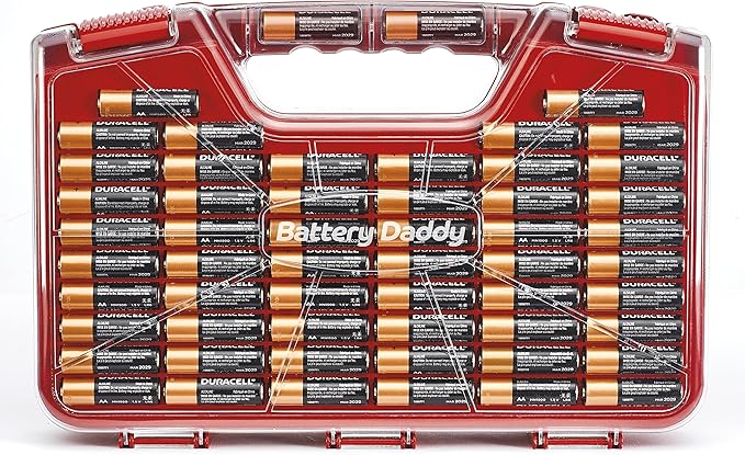 Ontel Battery Daddy Storage & Organizer Case w/Tester, Stores & Protects Up to 180 Batteries, Double-Sided, Clear Locking Lid, Secure Latches & Portable Carrying Handle - Red (Batteries Not Included)
