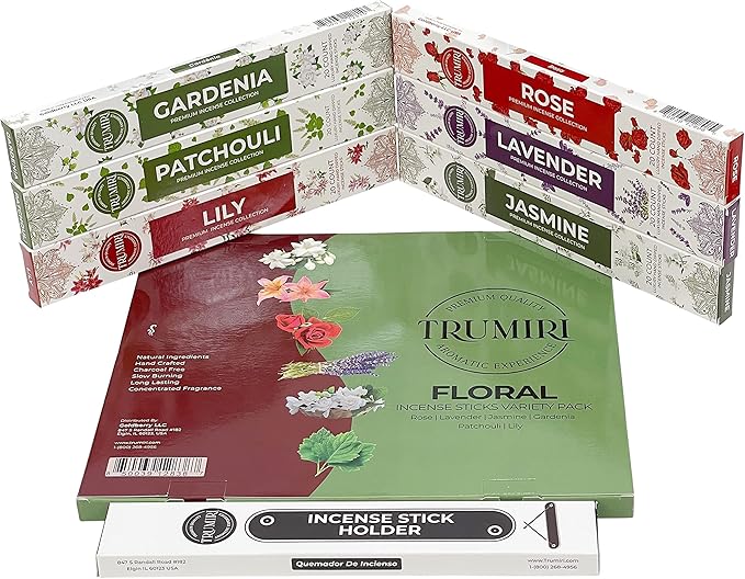 Floral Incense Sticks Variety Pack - 120 Insence-Sticks (6 Incents x 20 Insense) - Rose Lavender Jasmine Patchouli Gardenia Lily - Natural Inscents-Sticks Non Toxic Incienso with Stick Incense Holder