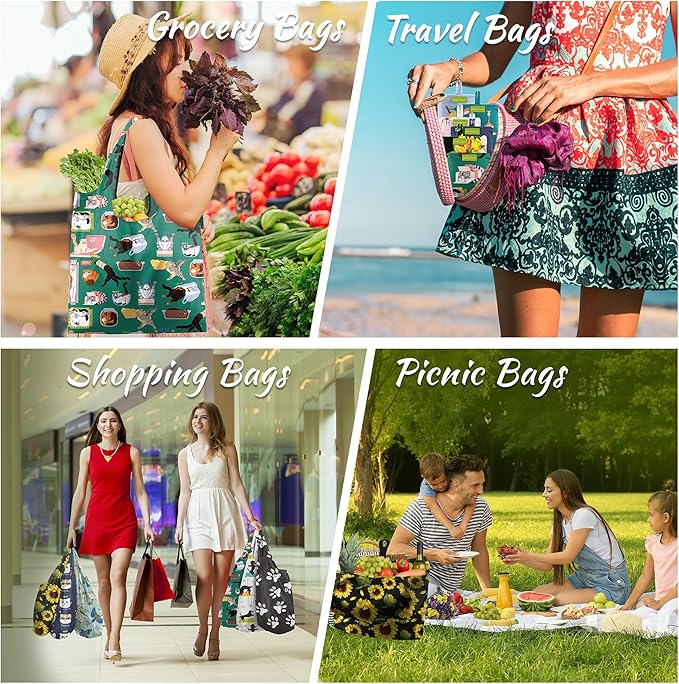 BeeGreen Animal Reusable Shopping Bags Cute Grocery Bag 6 Pack, Christmas Gift Bags Heavy-Duty Foldable Shopping Totes for Supermarket, Work & Travel, Large Washable Polyester Tote Bag with Handles