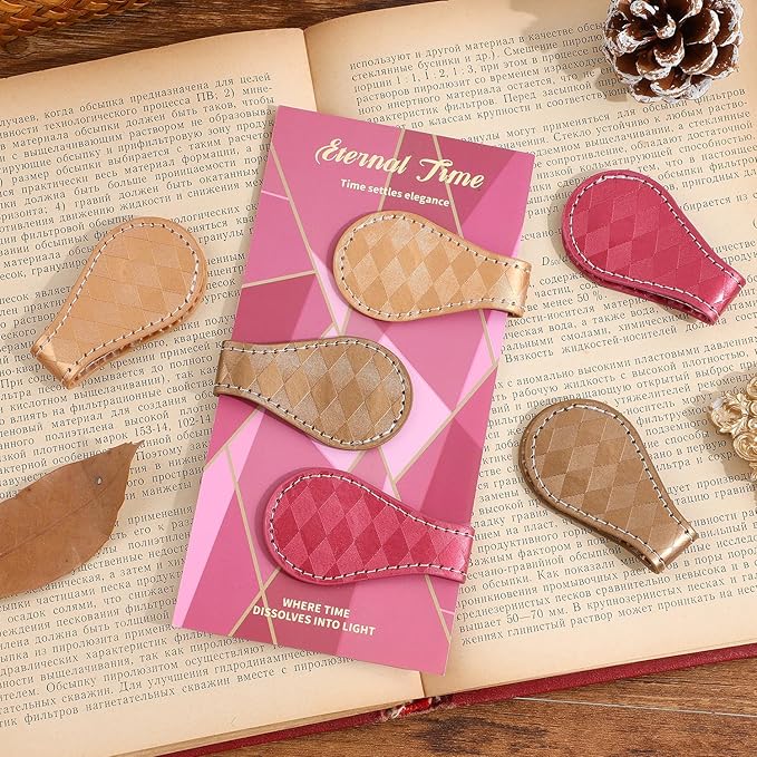 3PCS Vintage Magnetic Leather Bookmark, Leather Magnetic Bookmarks for Women, Magnetic PU Bookmarks Clip Book Accessories, Rhombic Pattern