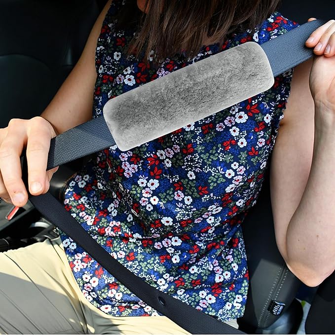 Amooca Authentic Sheepskin Seatbelt Cover Real Wool Car Truck SUV Airplane Seat Belt Shoulder Pad for Camera Backpack Straps Neck Cushion Protector 2 Pack Light Grey