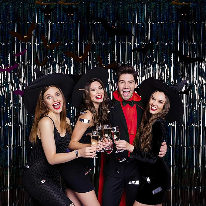 Foil Fringe Curtains New Year’s Eve Party Decorations - Melsan 3 Pack 3.2 x 8.2 ft Black Tinsel Curtain Photo Backdrop for Birthday Decorations Retirement Party Decorations Black