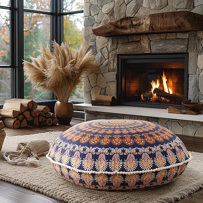 Codi Floor Pillows for Sitting Set of 2, Large Meditation Cushions for Adults with Memory Foam, Bohemian Mandala Round Seating for Outdoor Yoga and Living Room, Washable,32 Inch, Yellow