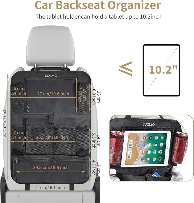 LUCMO Car Backseat Organizer with Touch Screen Tablet Holder - 2 Pcs, 9 Storage Pockets Car Storage Organizer, Protectors Kick Mats Travel Accessories for Kids - Black