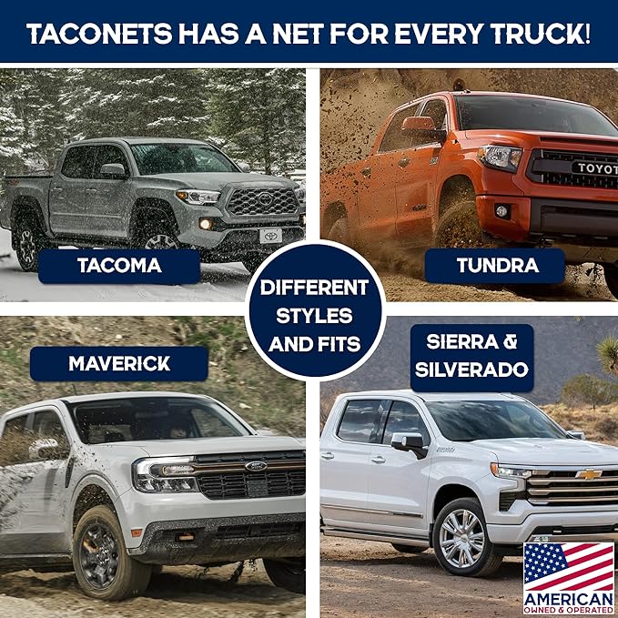 TacoNets Cargo Net for Toyota Tacoma Long Bed - Fits 2005-2025 - Patented Bed Rail Integration - Heavy Duty 8mm Premium Bungee 3'x5' Cargo Netting - Designed in USA