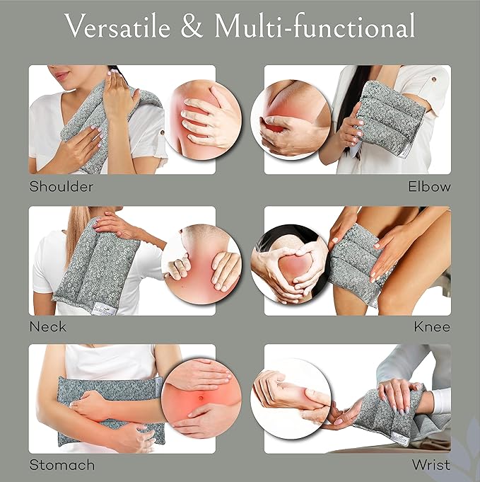 SacksyThyme Microwave Heating Pad for Back, Neck, Menstrual Cramps, Shoulders, Leg Pain Relief - Hot Moist Microwavable Therapy Pack - Gray Unscented Flaxseed Heat Pad Made in USA