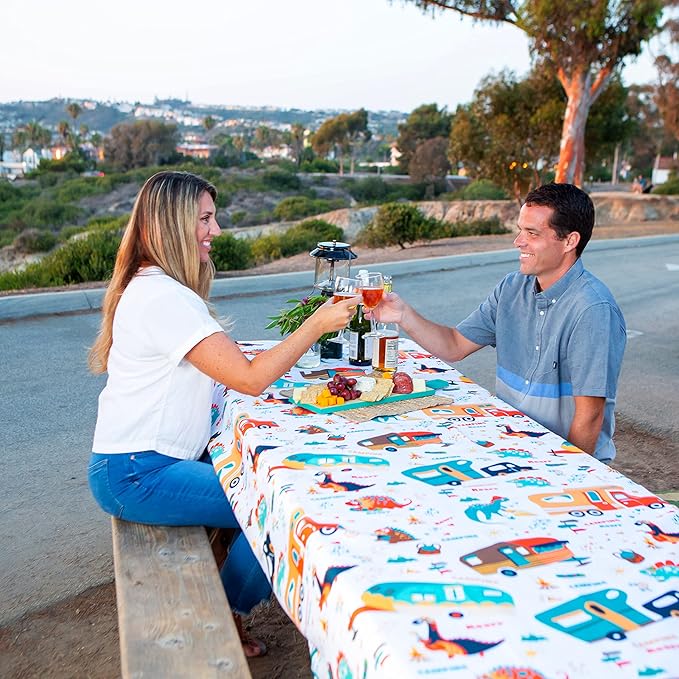 Extra Thick Camping Tablecloth with Clips & Storage Bag, Picnic Tablecloth, Fits 4ft to 8ft Picnic Tables, Polyester, Washable & Reusable, Spill & Stain Resistant, Waterproof,Picnic Table