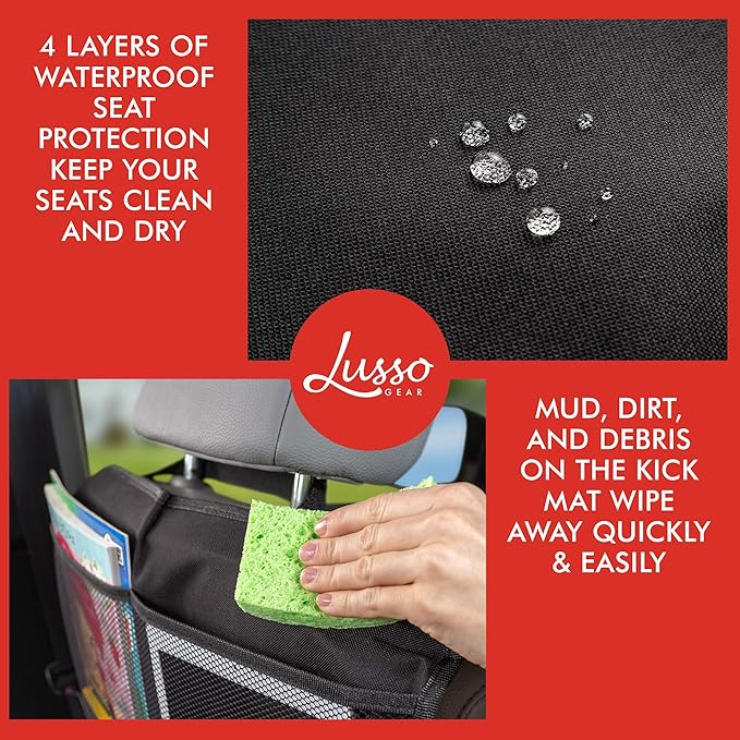 Lusso Gear Kick Mats (2 Pack) - Car Seat Back Protectors, Premium Waterproof Fabric, Reinforced Corners to Prevent Sag, and 4 Mesh Pockets for Large Storage (Red)