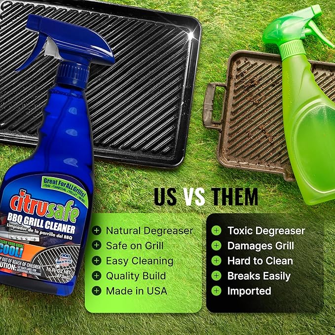 Citrusafe Complete Grill Cleaning Kit - Grill Cleaner Spray (16oz), Scrubber 3 Pack, Nylon Brush, Cookbox Scraper and Microfiber Cleaning Towel - Tools to Clean BBQ Grill Grates, Smokers, Ovens