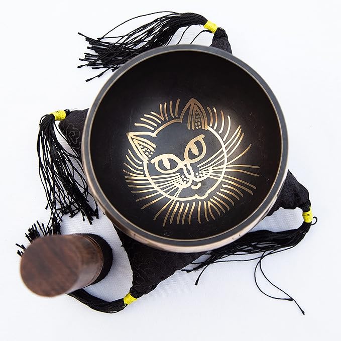Tibetan Singing bowl Set - Easy To Play Cat Design Meditation Mindful 7 Chakra Sound Healing Handcrated Gift By HIMALAYAN BAZAAR
