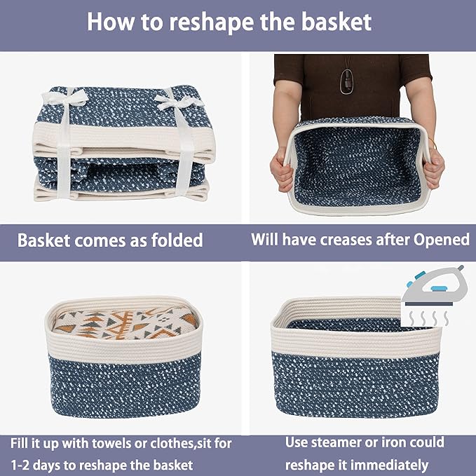 XUANGUO White and Blue Cotton Rope storage Basket Bins Woven Basket for Organizing Shelves 15X10X9.3“ Rectangle Decorative Baskets For storage Books Towels Wicker Nursery basket organizer Set of 3