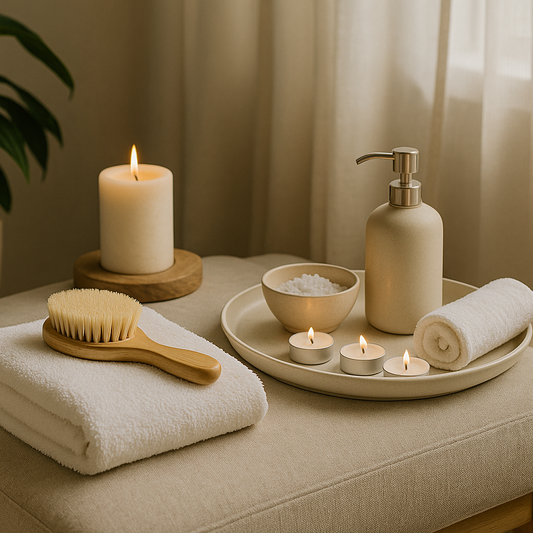 Minimalist home spa scene with natural morning light: wooden dry brush on a folded towel, soy candles, ceramic pump bottle, and a bowl of bath salts on a round tray — Serenlix calm ritual.
