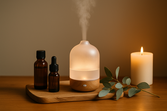 A minimalist aromatherapy setup with amber essential oil bottles, glass diffuser emitting mist, eucalyptus sprigs, and warm candlelight on a wooden tray — Serenlix Aromatherapy & Scents.