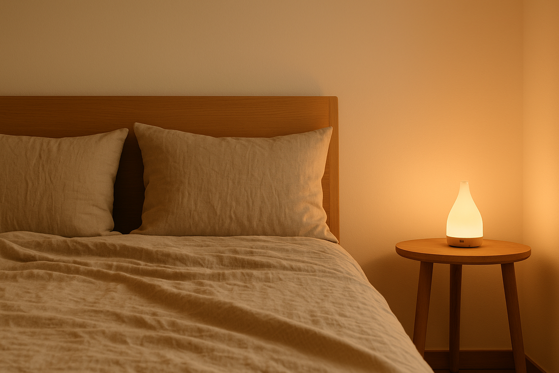 Minimalist bedroom at dusk with soft amber light, linen bedding, aroma diffuser on wooden table, and calm neutral tones — Serenlix Sleep & Relaxation.