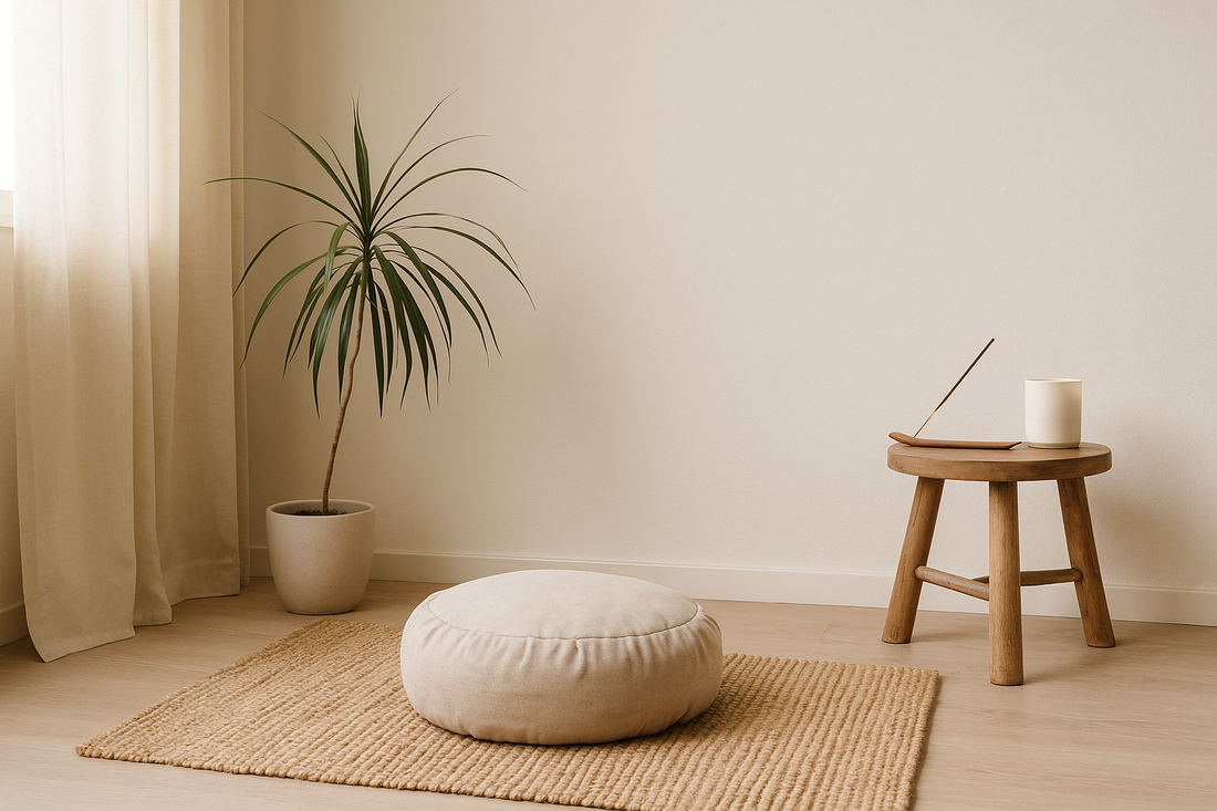 “Minimalist meditation space with soft natural light, zafu cushion, indoor plant, and incense on a wooden stool — Serenlix Meditation & Mindfulness.”