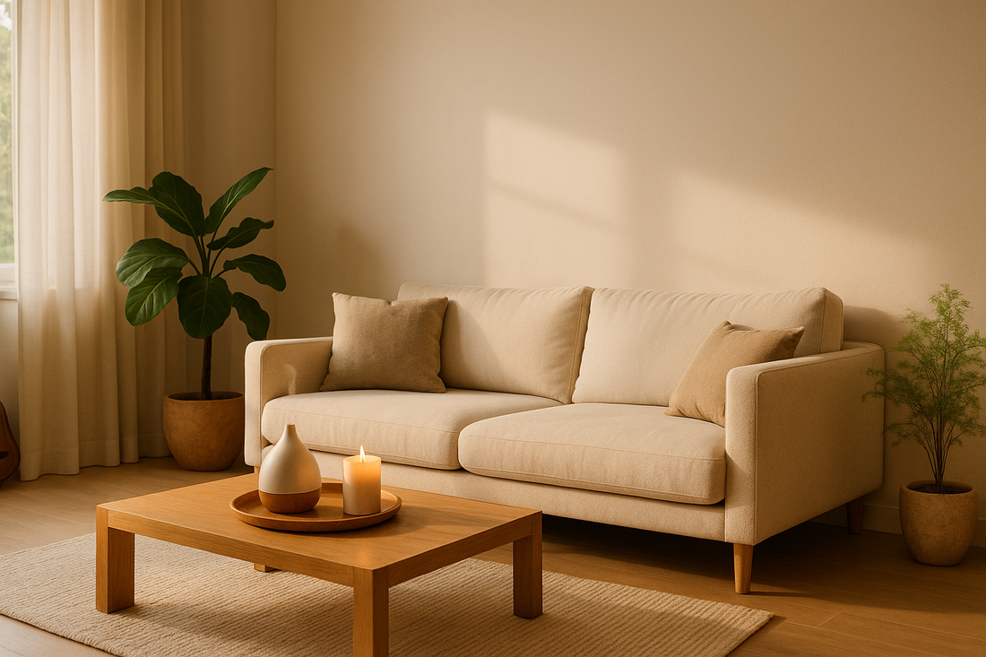 Minimalist living room with soft natural sunlight, indoor plants, wooden tray with aroma diffuser and candle, calm neutral tones — Serenlix mindful home design.