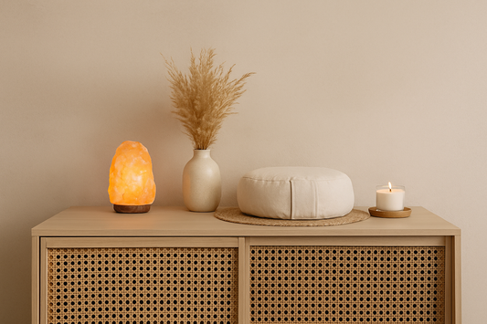 Minimalist living space with soft warm lighting, indoor plants, wooden tray with aroma diffuser, calm textures and neutral colors representing slow living — Serenlix.