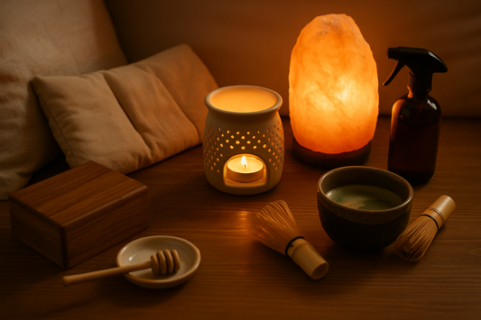 “A warm mindfulness setup featuring a candle warmer, Himalayan salt lamp, matcha bowl with whisks, microwavable heat pad, wooden tea box, honey dipper dish, and a spray bottle arranged on a wooden surface with soft ambient lighting.”