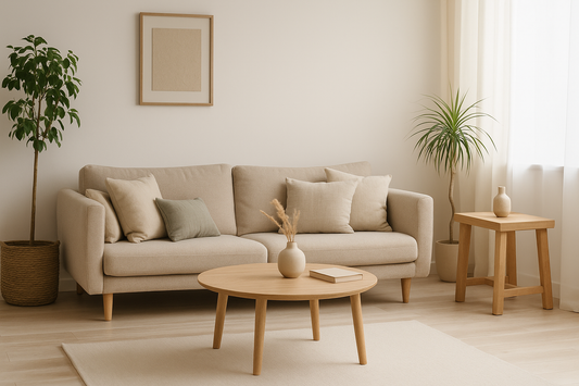 “Minimalist living room with soft neutral tones, linen cushions, indoor plants, wooden furniture, and natural sunlight — Serenlix Wellness Décor & Accessories.”
