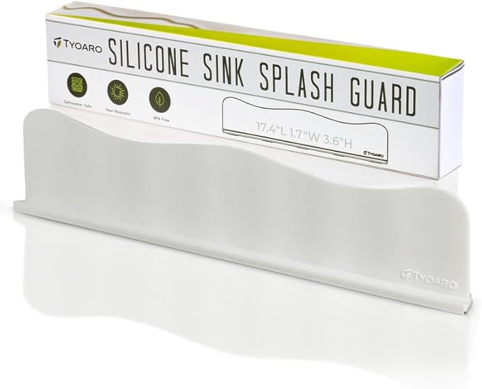 TYOARO Silicone Sink Splash Guard - Water Splash Guard for Kitchen, Island and Bathroom - Secure Non-Slip Suction Cup Base - Dishwasher Safe, White (17.4 x 1.7 x 3.6")