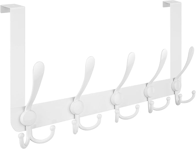 TICONN Over The Door Hooks, 5 Heavy Duty Tri Coat Rack All Metal Coat Hanger for Bathroom Bedroom Dorm (White, 1PC, Fits 1.75" Doors)