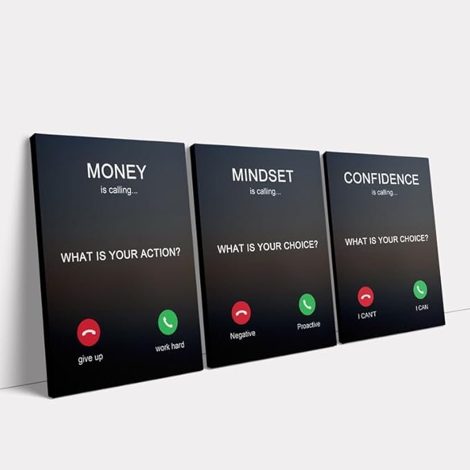 KAWAHONE 3PCS Motivational Canvas Wall Art, Positive Affirmation Poster -Money is calling Mindset Confidence -Inspirational Quotes Posters for Home Office Workplace Ready to Hang