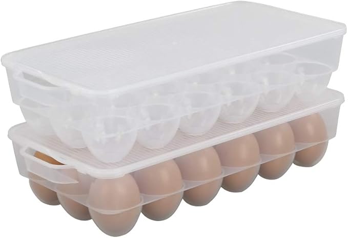 Teyyvn 2-Pack Clear Refrigerator Plastic Egg Holder Storage Bin with Lid, Stores 18 Eggs, F