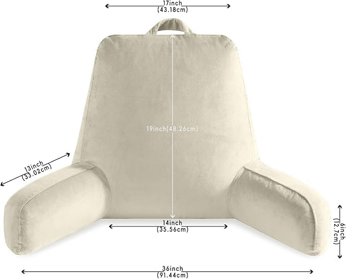 Reading Pillow for Sitting in Bed Adult, Reading Pillow with Shredded Memory Foam, Bed Pillow with Washable Cover, Back Pillow Sitting Up with Extend Arms, Beige, X-Large