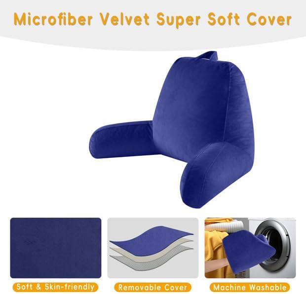 Reading Pillow for Sitting in Bed Adult, Reading Pillow with Shredded Memory Foam, Bed Pillow with Washable Cover, Back Pillow Sitting Up with Extend Arms, Navy, X-Large