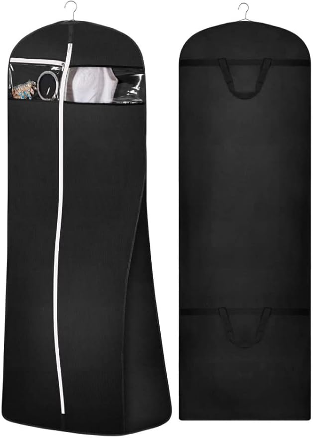 MISSLO 70" Bridal Wedding Gown Dress Garment Bag with Accessories Pouch Large Travel Garment Cover 8" Gusset (Black)
