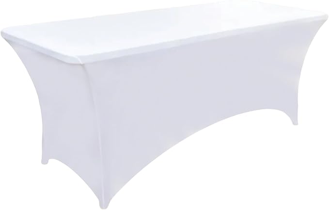 ZarzaaSik 2-Pack 8ft White Spandex Table Covers for Rectangle Folding Tables - Washable Elastic Tablecloth - Ultimate Fitted Table Protector for Birthday Parties, Trade Shows, Banquet