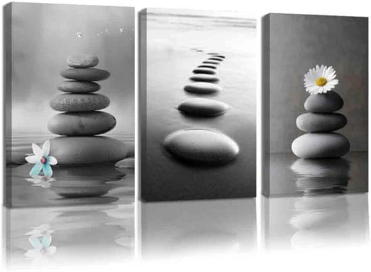 CCWORKERRY 3PCS Zen Stones Canvas Wall Art Black and White Zen Stone Painting Calming Meditation Wall Decor for Yoga Studio Office Spa Bathroom (gray,11W x14L x3)