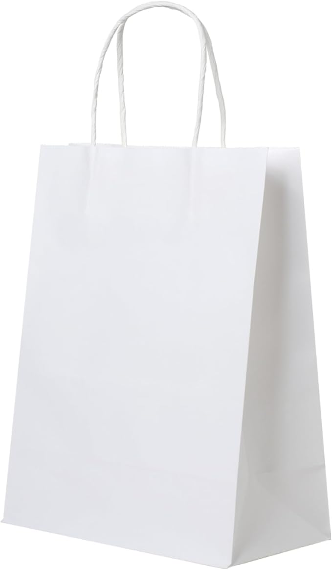 FACEBAG 50 PCS White Paper Bags with Handles Bulk, 8x4.25x10.5 Inches,Medium-sized White Gift Bags with Handles for Party Favors, Take-Out, Grocery Shopping & Retail, Reusable & Durable
