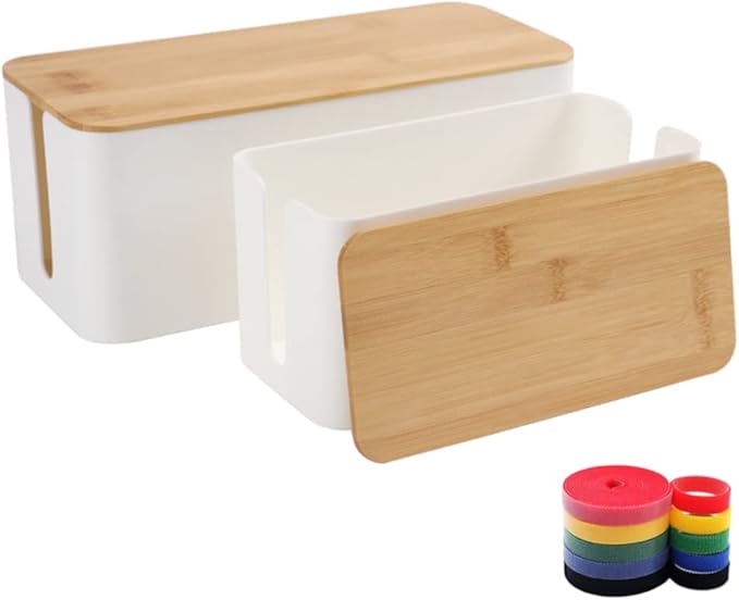 Cable Management Box Organizer, Set of 2 Bamboo Lid Large Storage Wire Holder to Conceal and Hide Surge Protector, Power Strips, and Cords on Desk and Floor, with 5 Cable Ties for Home Office, Computer, TV, and USB Hub