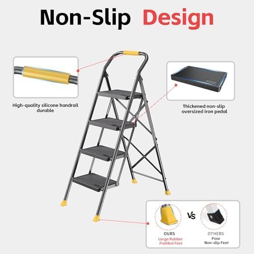 Step Ladder Foldable Folding Stool - for Home Adults Kitchen 4 Stepping Extension Tall Heavy Duty with Handrails - Closet Stepstool Stair Ladders Extendable Stepladder for Indoor House 600Lbs