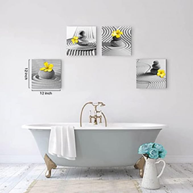Yxbhhym Yellow Gray Wall Art Black White Zen Wall Art Floral Wall Pictures Flower Zen Painting Stone Sand Pebble Canvas Poster Artwork for Wall Decor Living Room Bedroom Bathroom Decor Framed