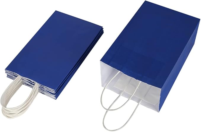 Oikss 100 Pack 5.25x3.25x8.25 Inch Small Royal Blue Kraft Paper Bags with Handles Bulk for Birthday Wedding Party Favors Grocery Retail Shopping Business Goody Craft Gift Bags Sacks (100pcs Count)