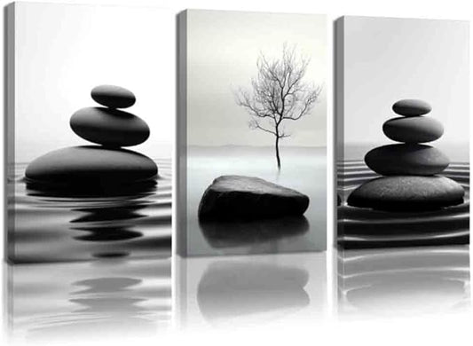 CCWORKERRY 3PCS Zen Stones Canvas Wall Art Black and White Zen Stone Painting Calming Meditation Wall Decor for Yoga Studio Office Spa Bathroom (white,20W x28L x3)