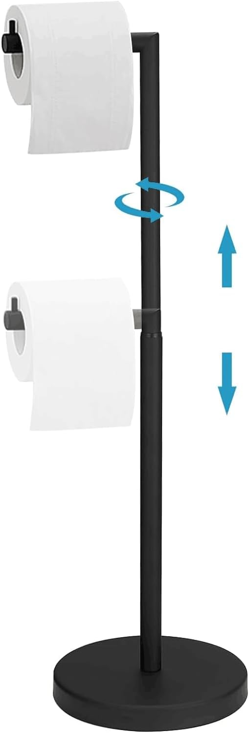 Toilet Paper Holder Stand for Floor Matte Black Adjustable (14.6" to 25.7") Bathroom Freestanding Toilet Paper Roll Holder Stainless Steel Toilet Tissue Holder with Heavy Weighted Base