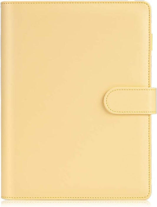 Sooez A5 Notebook Photocard Binder, 6 Ring Planner, Stylish Loose Leaf Personal Organizer Cover with Magnetic Buckle, PU Leather Binder Women with Soft Colors (Yellow)