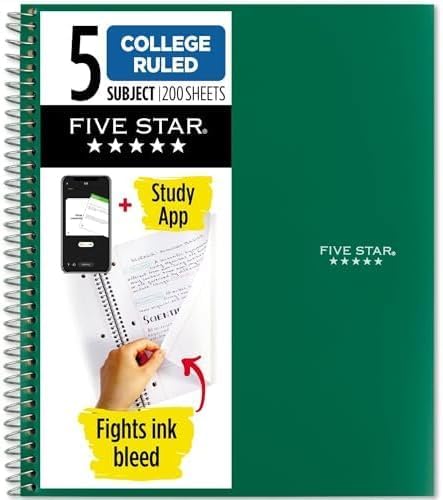 Five Star Spiral Notebook + Study App, 5 Subject, College Ruled Paper, 8-1/2" x 11", 200 Sheets, Fights Ink Bleed, Water Resistant Cover, Forest Green (72079) (Pack of 6)