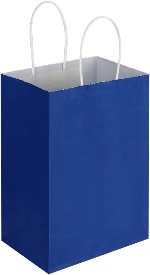 Oikss 100 Pack 5.25x3.25x8.25 Inch Small Royal Blue Kraft Paper Bags with Handles Bulk for Birthday Wedding Party Favors Grocery Retail Shopping Business Goody Craft Gift Bags Sacks (100pcs Count)