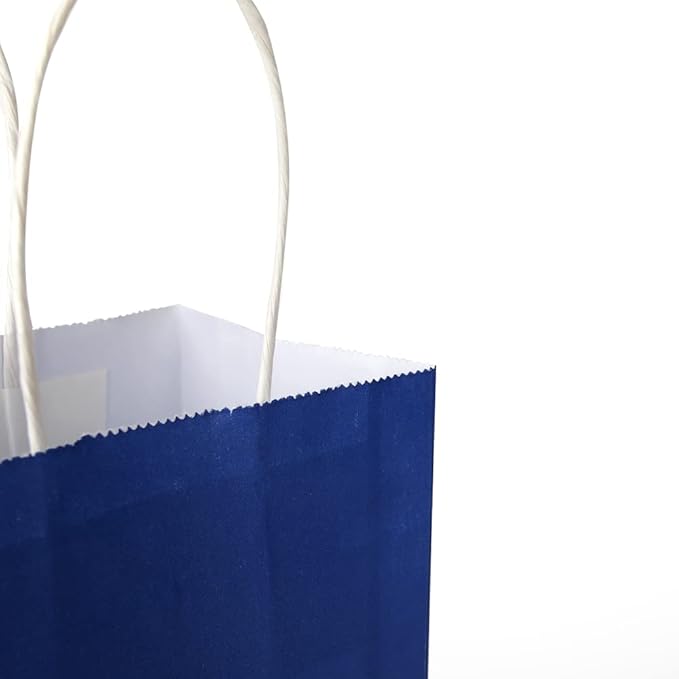 Oikss 100 Pack 5.25x3.25x8.25 Inch Small Royal Blue Kraft Paper Bags with Handles Bulk for Birthday Wedding Party Favors Grocery Retail Shopping Business Goody Craft Gift Bags Sacks (100pcs Count)