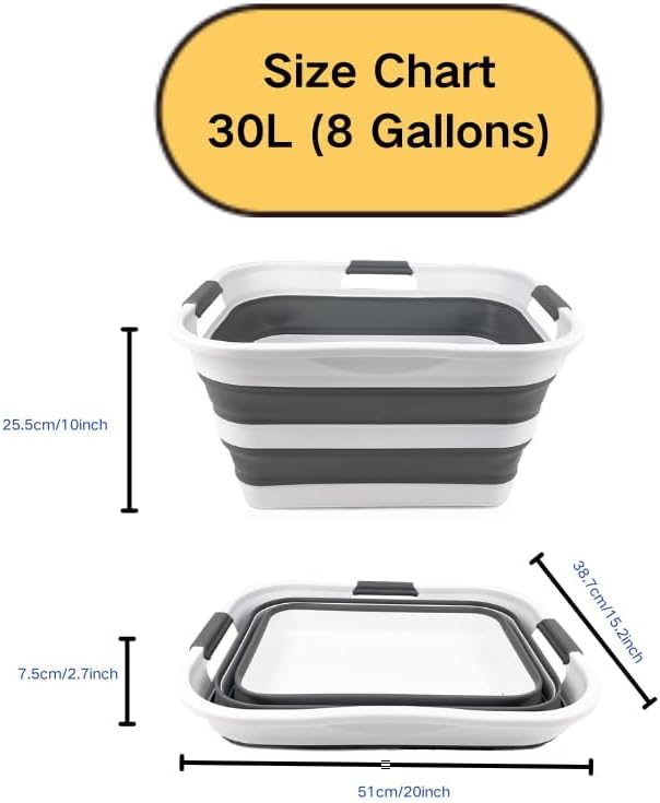SAMMART 30L (8 gallons) Collapsible Plastic Laundry Washing Tub/Basket - Portable Laundry Hamper/Storage Container Foldable Laundry Basket - Space Saving (White/Steel Grey)